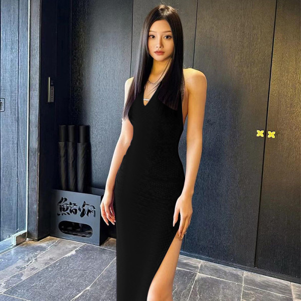 Animal Pattern Spicy Girl Open Back Dress Feminine V-Neck Hanging Neck Split Long Dress