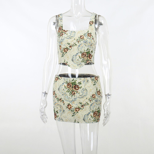 Sexy Slim Fit Spicy Girl Wrap Hip Short Skirt Jacquard Waist Design Top Set