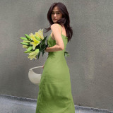 Fashionable slim fitting solid color casual long dress for women with sexy drawstring hollow out suspender dress