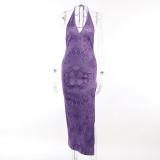 Animal Pattern Spicy Girl Open Back Dress Feminine V-Neck Hanging Neck Split Long Dress