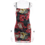 Small Sexy Slim Fit Wrap Hip Short Skirt with Mesh Print Design Spicy Girl Strap Dress
