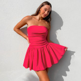 Sexy Slim Fit Show Chest, Waist Wrap, Bra A Line Dress, Solid Color Design, Hip Wrap Short Skirt