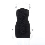 Sexy Slim Fit Spicy Girls' Hip Wrap Dress with Bust and Ruffle 3D Flower Short Skirt