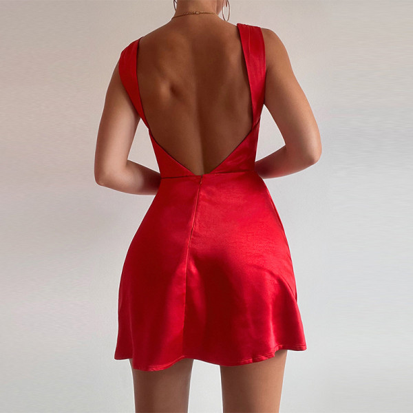 Temperament Slim Fit Satin Dress Strap Sexy Pocket Collar Open Back Split Short Skirt