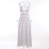 Temperament casual vacation style open back long dress with a chest cut out floral sexy split dress