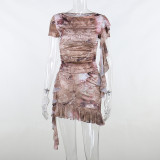 Ruffled Round Neck Printed Short Sleeve T-shirt High Waist Slim Fit A Swing Short Skirt Set