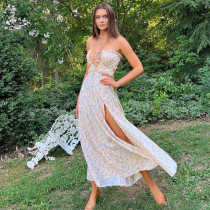 Temperament casual vacation style open back long dress with a chest cut out floral sexy split dress Temperament casual vacation style open back long dress with a chest cut out floral sexy split dress