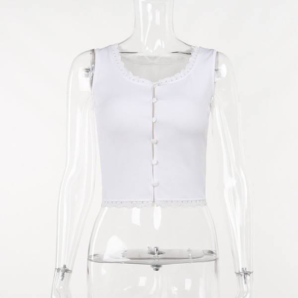 Casual versatile slim fitting waistband solid color shirt top lace button design tank top
