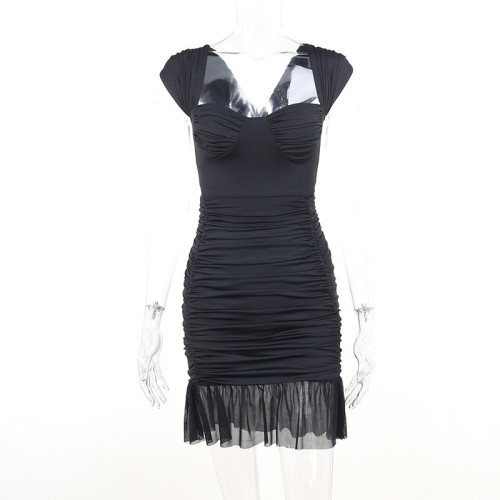 Sexy mesh patchwork casual fashion short skirt temperament pleated chest cup A swing dress