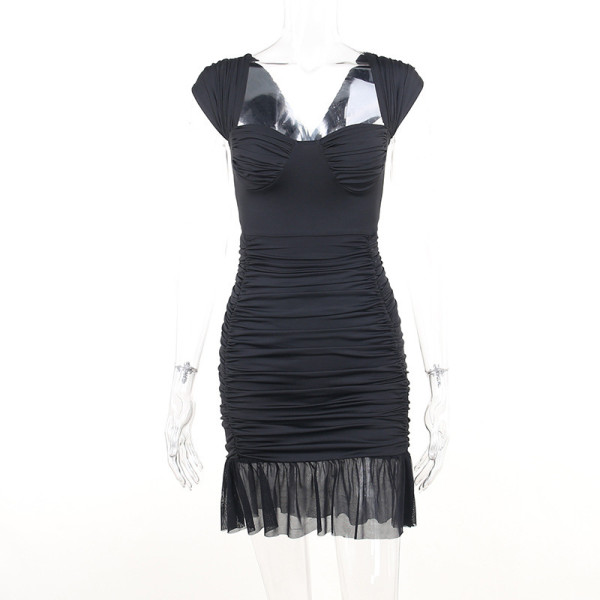 Sexy mesh patchwork casual fashion short skirt temperament pleated chest cup A swing dress