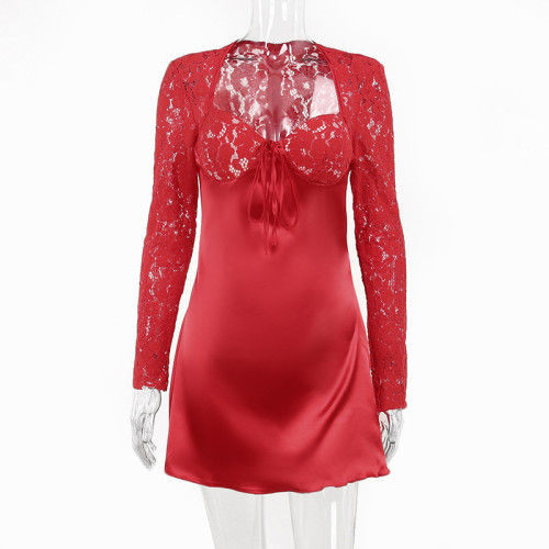 Sexy Slim Fit Show Chest Spicy Girl Wrap Hip Short Dress Lace Long Sleeve Design A-Swing Dress