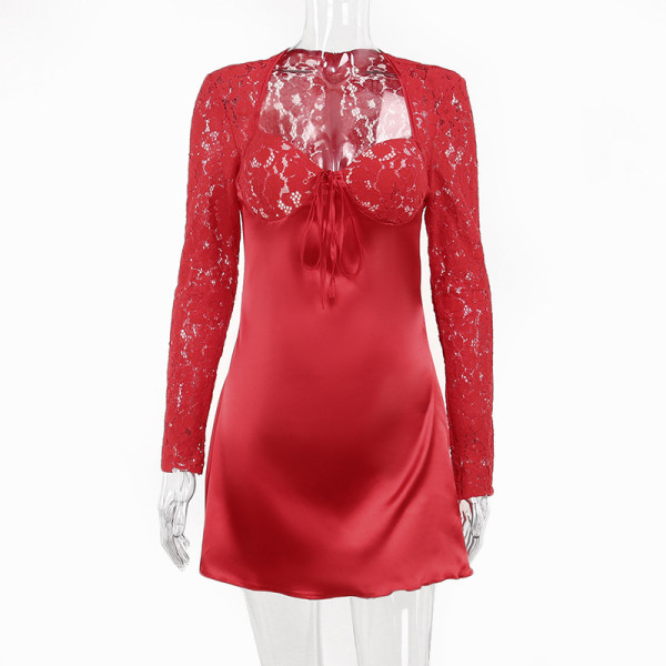 Sexy Slim Fit Show Chest Spicy Girl Wrap Hip Short Dress Lace Long Sleeve Design A-Swing Dress
