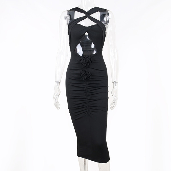 Fake Sexy Slim Fit Show Chest Spicy Girl Flower Cross Hanging Neck Hollow Out Design Dress