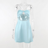 Temperament, Sexy, Slim Fit, Chest Showing, Spicy Girl Wrap Hip Short Skirt, Hollow out Satin Suspended Dress