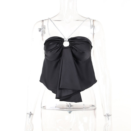 Sexy Slim Fit Hollow out Sparkling Stripe Hanging Neck Plaque Satin Top