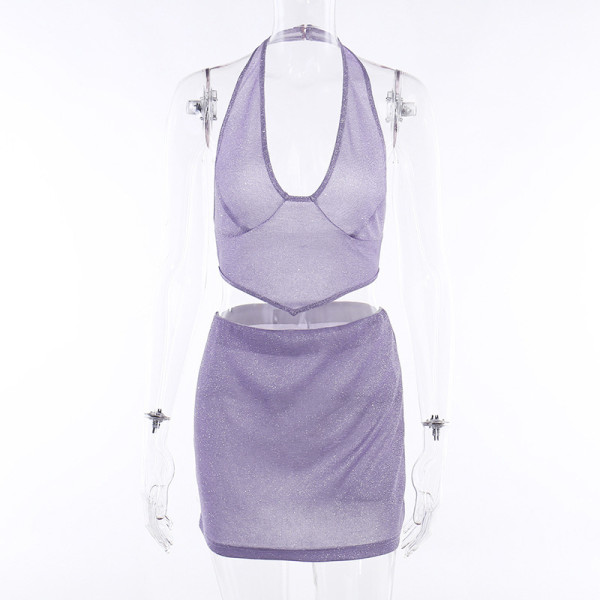Slim Fit Hanging Neck Tank Top Spicy Girl Hip Wrap Short Skirt Set