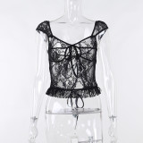 Lace up Hollow Lace Slim Fit Spicy Girl Open Back Short Sleeve Top