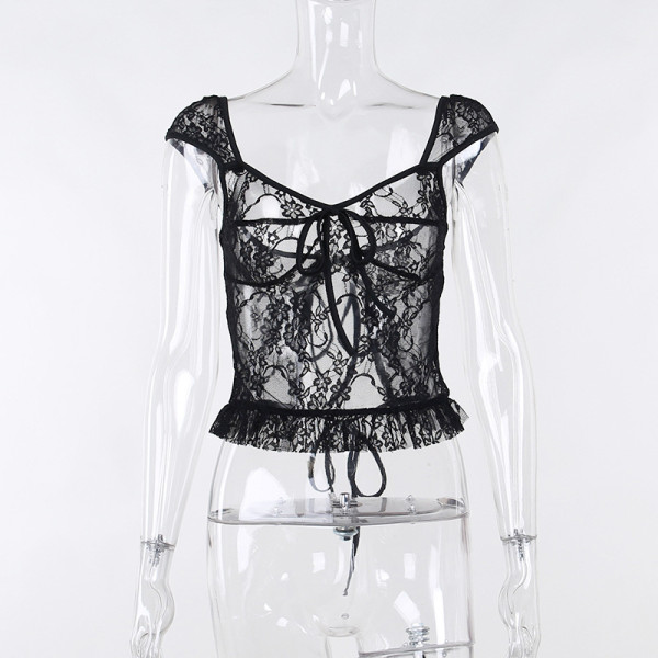 Lace up Hollow Lace Slim Fit Spicy Girl Open Back Short Sleeve Top