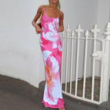 Sexy Slim Fit Chest Showing Spicy Girl Print Large Flower Design Sensory Strap Dress