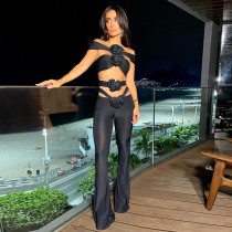 Versatile slim fitting three-dimensional floral micro flared pants