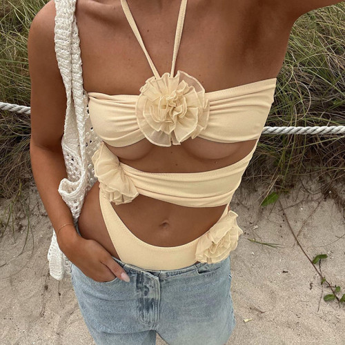 Strap Hanging Neck Stereoscopic Flower Hollow Tight Solid Color Spicy Girl Underlay One Piece Top