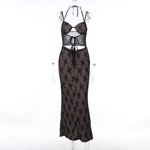 Sexy slim fitting lace patchwork hollowed out strap dress