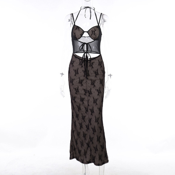 Sexy slim fitting lace patchwork hollowed out strap dress