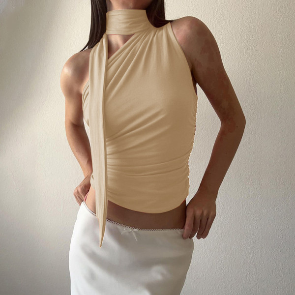 Casual Versatile Slim Fit One Shoulder Strap Design Solid Sleeveless Tank Top