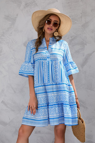 Striped V-neck Loose 3/4 Sleeve Dress