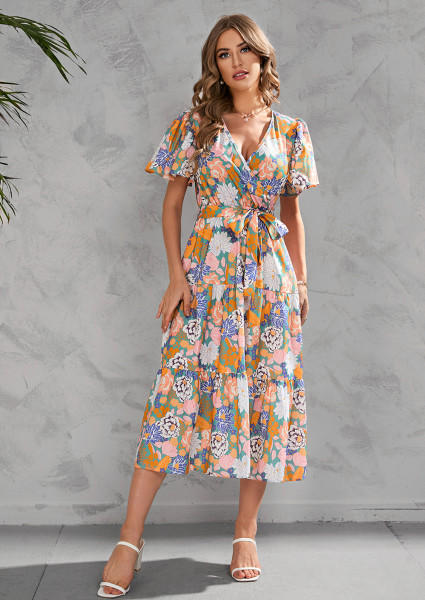 Printed V-neck waist length short sleeved dress