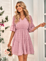 Fashion casual V-neck solid color waistband short sleeved dress Fashion casual V-neck solid color waistband short sleeved dress