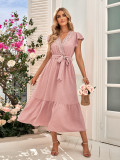 Solid casual waist tied lace V-neck dress for women