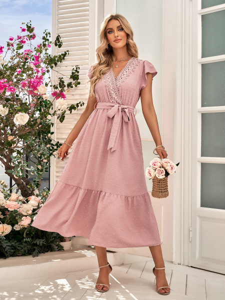 Solid casual waist tied lace V-neck dress for women