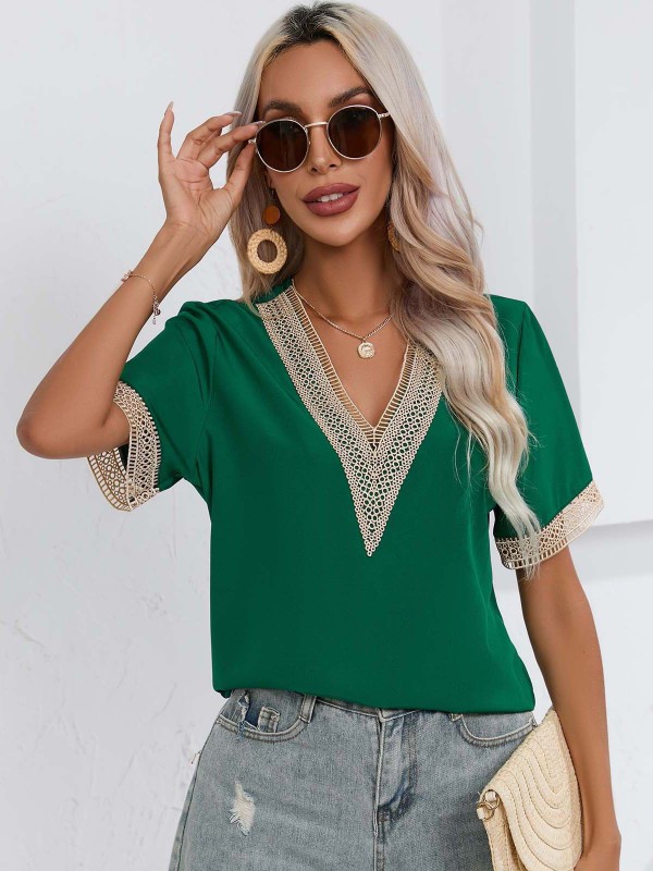 Lace edge V-neck short sleeved T-shirt top