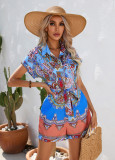 Summer ethnic style printed short sleeved shorts jumpsuit