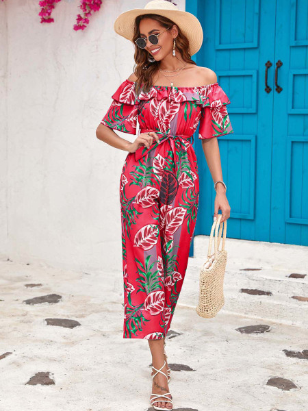 Leaf printed ruffled jumpsuit