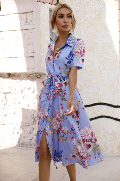 Summer waistband single breasted printed short sleeved dress
