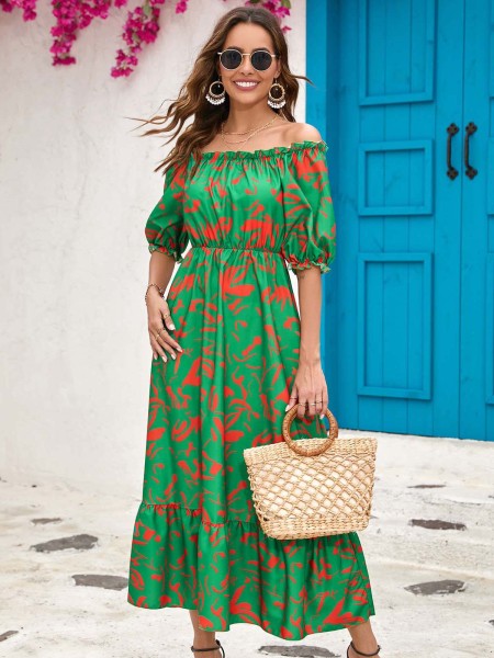 Printed Off Shoulder Large Swing Dress