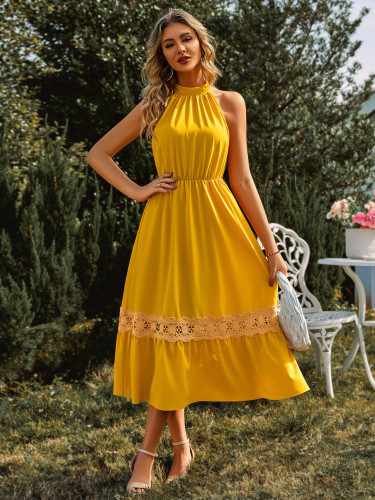 Solid Sleeveless Necklace Lace Dress