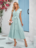 Solid casual waist tied lace V-neck dress for women