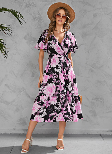 Printed V-neck waist length short sleeved dress