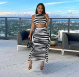 Black and white striped pleated skirt skirt two-piece set