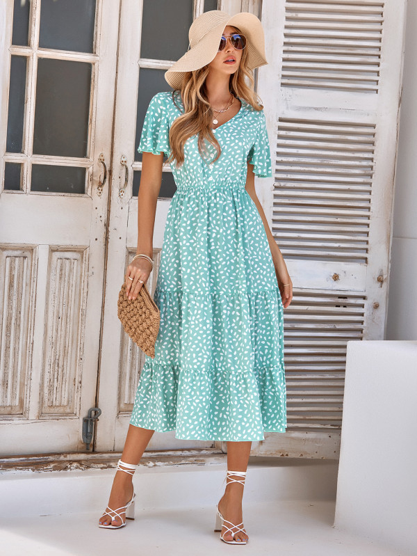Spring/Summer New V-neck Ruffle Sleeve Printed Dress for Women
