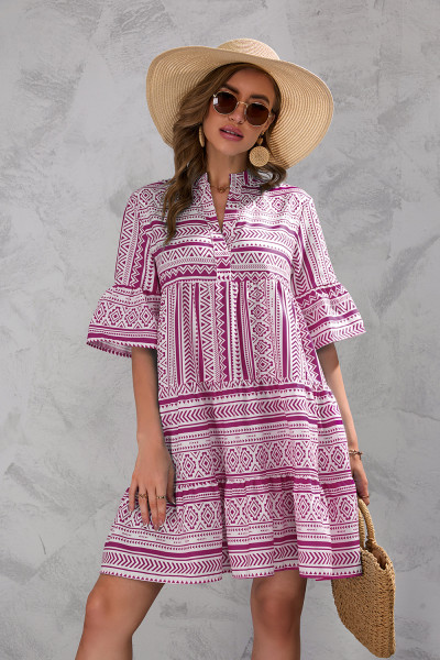 Striped V-neck Loose 3/4 Sleeve Dress