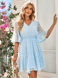 Fashion casual V-neck solid color waistband short sleeved dress