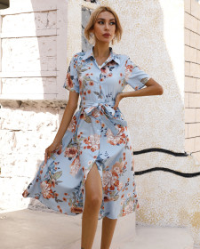 Summer waistband single breasted printed short sleeved dress