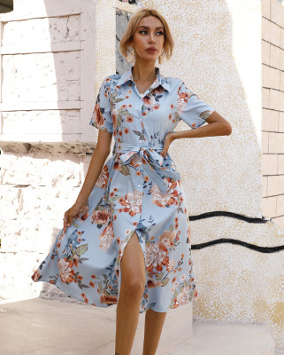 Summer waistband single breasted printed short sleeved dress
