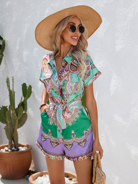 Summer ethnic style printed short sleeved shorts jumpsuit