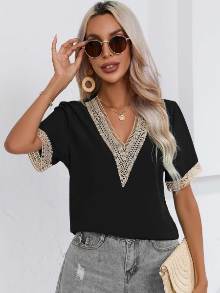 Lace edge V-neck short sleeved T-shirt top