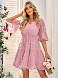 Fashion casual V-neck solid color waistband short sleeved dress
